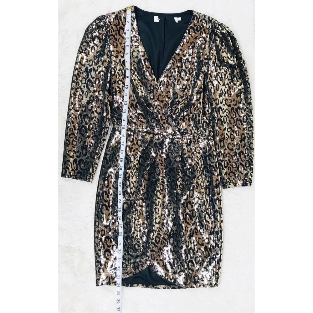 ASTR Selene Leopard Print Sequin Mini Dress Gold Black Wrap Mobwife‎ Size Small